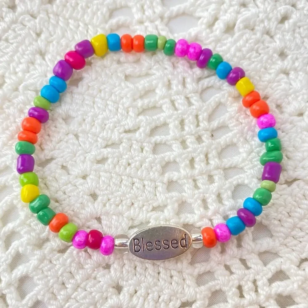 Child BLESSED Charm Stretch Bracelet Colorful